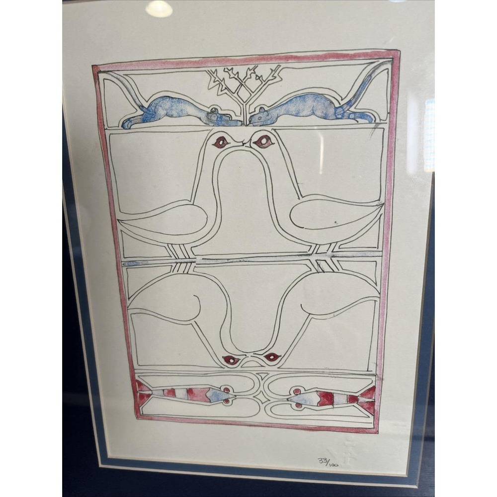 Walter Anderson Folk Art Calendar Print Repro MS Framed 33/100 Birds Mice Fish